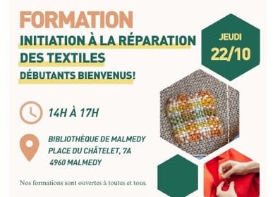 Atelier initiation à la réparation des textiles ce jeudi 22 octobre à 14h à la bibliothèque de Malmedy