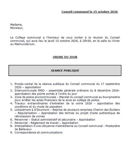 Ordre du jour CC Malmedy 15 Oct 2026